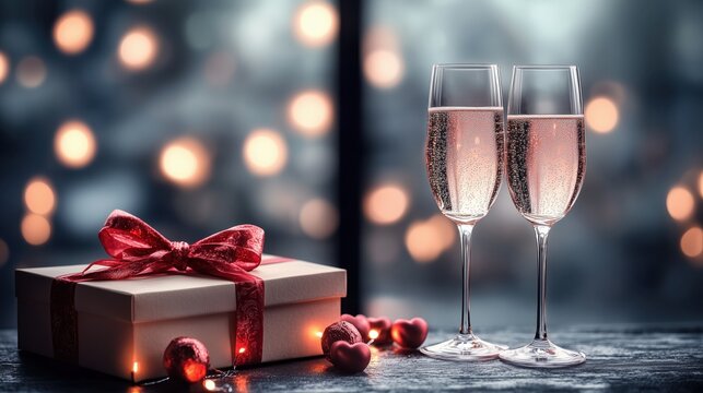 Celebration with two champagne flutes and a gift box adorned with a red ribbon near a festive backdrop of soft lights - Powered by Adobe