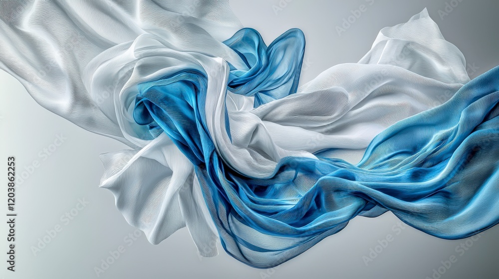 Poster elegant abstract lines swirling in blue and white fabric digital art soft textures modern design