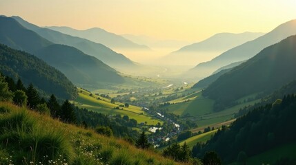 Fototapeta premium Serene Valley Vista Sunlit Hills, Verdant Meadows, and a Winding River at Dawn