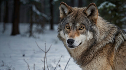 Fototapeta premium Wolf, Wolf's Gaze, Solitary Wolf stands in Snowy Forest, Its piercing gaze locking with the camera. The sharp eyes and intense expression evoke sense of wildness and primal Instinct. 