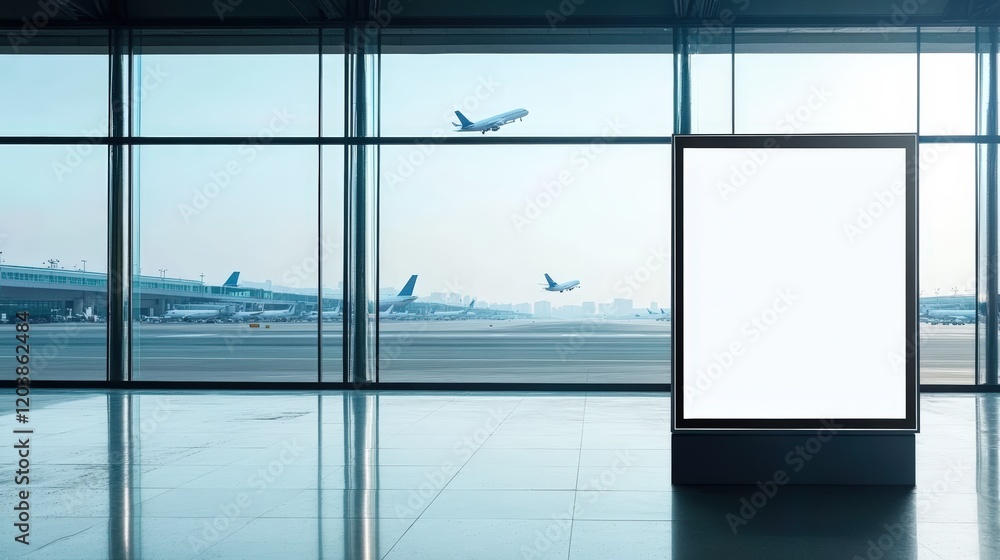 Poster empty digital billboard mockup at airport terminal with clear sky and airplane taking off in backgro