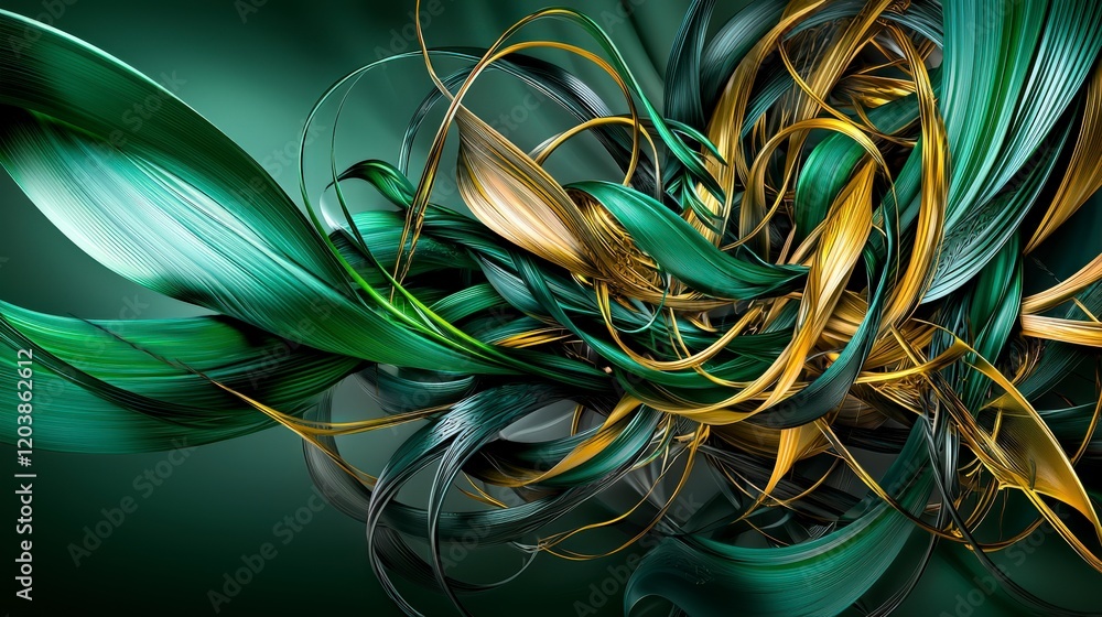 Poster dynamic abstract overlapping rings in green and gold twisted interwoven digital artwork for modern d