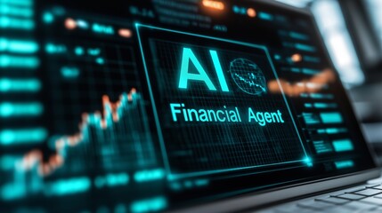 A graph on a computer labeled AI Financial Agent showcasing artificial intelligence as a virtual finance assistant representative for customer service support and stock market growth