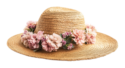 Girls� summer straw floppy hat with flowers isolated against a white background