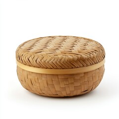 Small round woven bamboo basket with lid.