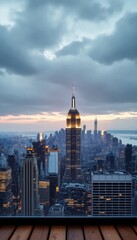 Cityscape view of a city with a tall building and a cloudy sky from a high floor with a wooden sill