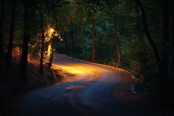 Fototapeta premium Serene Winding Road Illuminated by Glowing Lights