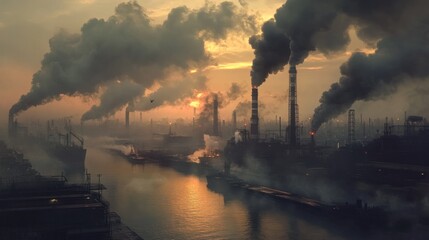 Obraz premium Industrial landscape with heavy smoke billowing from factory chimneys at sunset