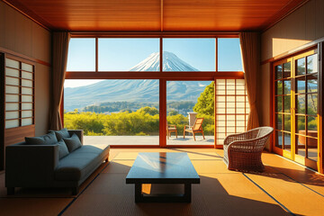Fototapeta premium A tranquil traditional Japanese room with tatami mat flooring and a modern sofa, framed by a stunning view of Mount Fuji, creating a peaceful and inviting atmosphere.