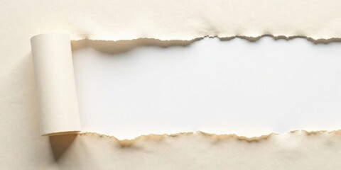 Fototapeta premium Torn Paper Reveal A Textured Cream Sheet with a Rolled Edge Unveiling a Blank White Space Below