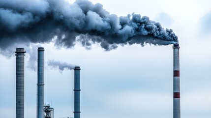 Industrial Smoke Stacks Emitting Pollution Against Overcast Sky Environment Concerns