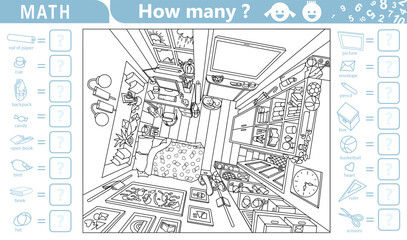 Find and count hidden objects in the picture. Teen room from above. Cozy children room interior with furniture and home objects. Counting math game for kids. Sketch vector illustration.