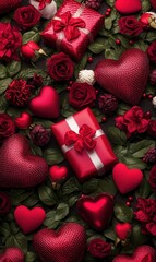 A romantic scene filled with vibrant red hearts, lush roses, and a beautifully wrapped gift, embodying the spirit of love on Valentine's Day.