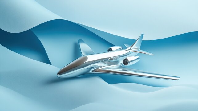 Silver plane model on blue paper waves, travel concept