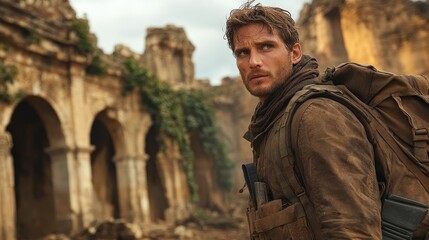 Obraz premium A rugged soldier stands in the ruins of an ancient city, showcasing determination amidst a dramatic landscape
