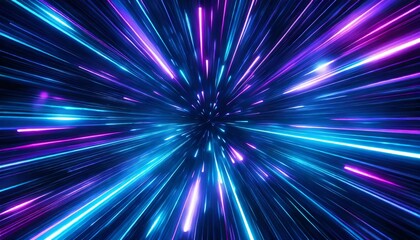 Fototapeta premium Abstract background in blue and purple neon glow colors on black. Speed tunnel of light in galaxy.