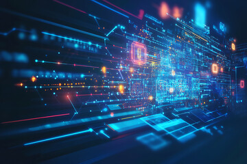A complex and visually striking digital abstract featuring dynamic blue and red circuitry, with illuminated data paths and glowing nodes, portraying an intricate network of futuristic technology.