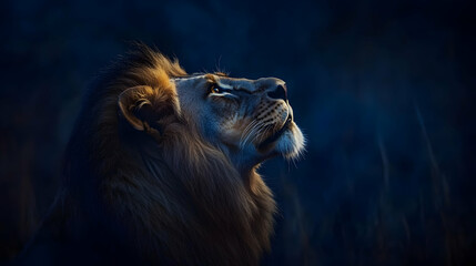 Naklejka premium Lion portrait in striking detail, capturing the essence of its dominance, pride, and leadership in the animal kingdom. Generative AI