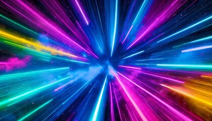 Obraz premium Abstract background in blue and purple neon glow colors on black. Speed tunnel of light in galaxy.