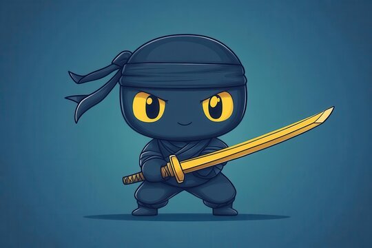 a cute ninja mascot strikes a dynamic pose with a sword exuding charm and energy that captures the spirit of action and playfulness in a vibrant cartoon style