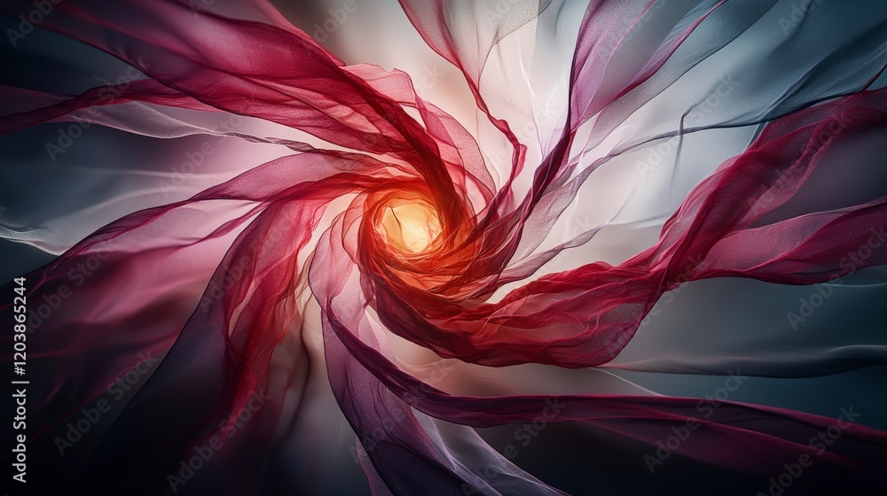 Poster Close-up view of dynamic circular distortions in shadows from expanding fabric abstract art in design studio