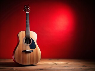 Minimalist Red Background Acoustic Guitar Stock Photo - Classic Instrument