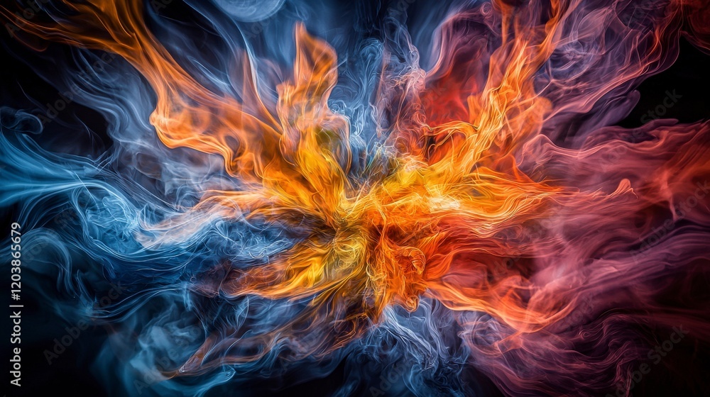 Poster dynamic colors shifting and spreading like fire abstract art digital creation dark background vibran