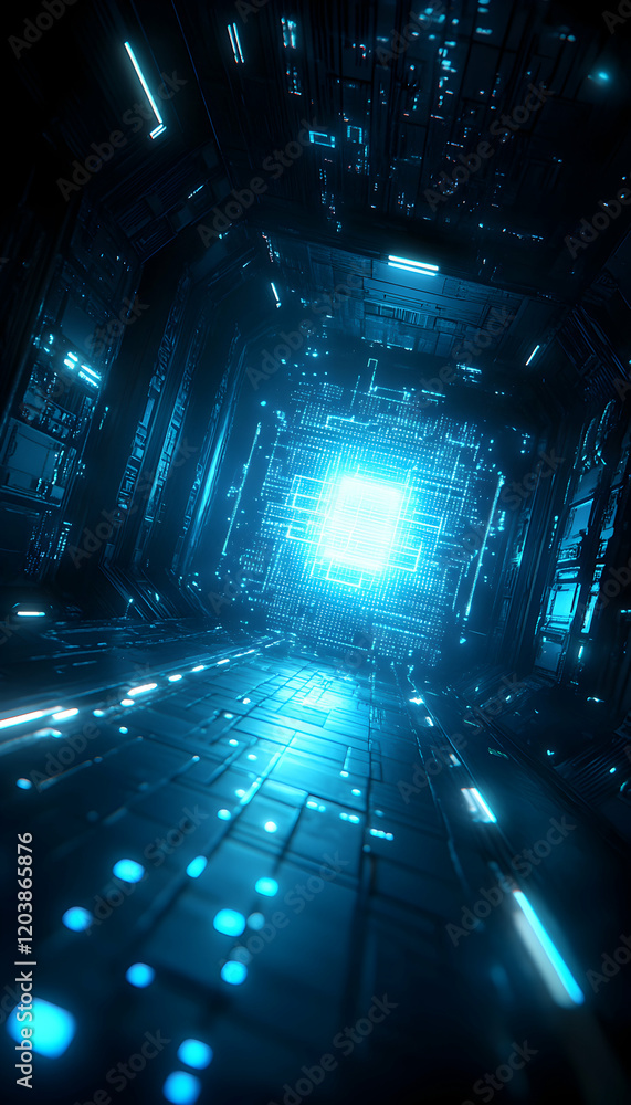 Poster futuristic digital corridor leading to a glowing central processing unit; abstract technological bac