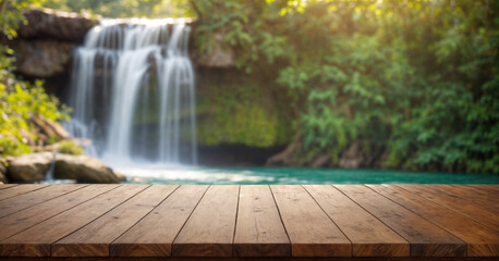 A serene scene of cascading waterfalls surrounded by lush greenery, with a wooden deck in the foreground, capturing the beauty and tranquility of a tropical paradise.