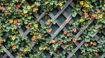 A wooden lattice is covered with vibrant yellow and orange flowers and green leaves