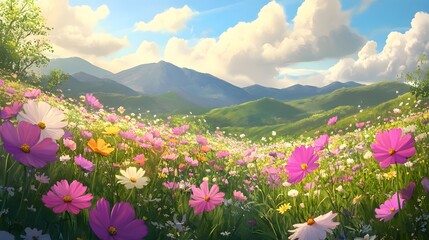 Fototapeta premium Vibrant Cosmos Flowers Bloom In Mountain Meadow Landscape