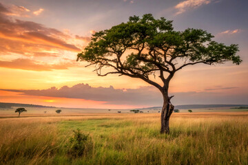 Obraz premium A solitary tree in a vast meadow at sunset