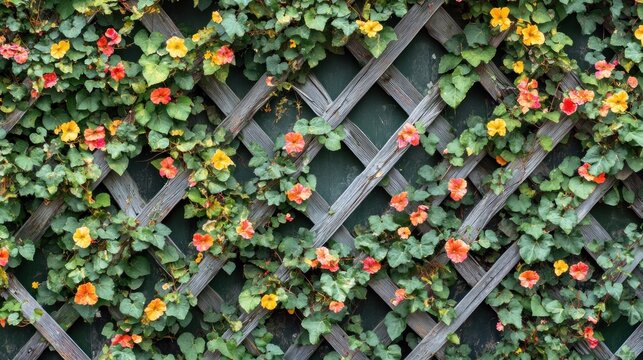 A wooden lattice is covered with vibrant yellow and orange flowers and green leaves - Powered by Adobe