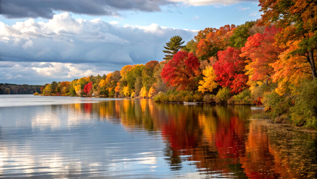 A serene lake with autumn reflections