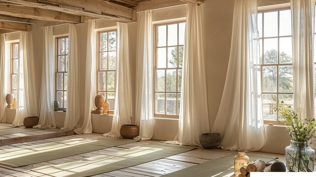 Sunlit yoga studio with large sash windows, sheer white curtains open to let the sunlight in, A cozy, serene atmosphere with a natural, minimalist design.
