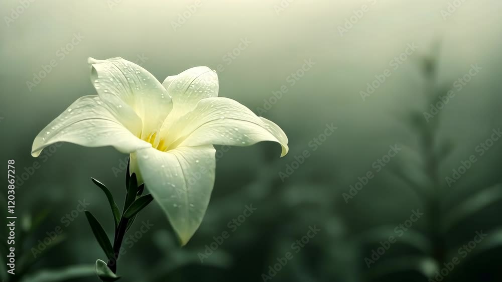 Poster white lily bloom surrounded by mist in a tranquil garden setting at dawn