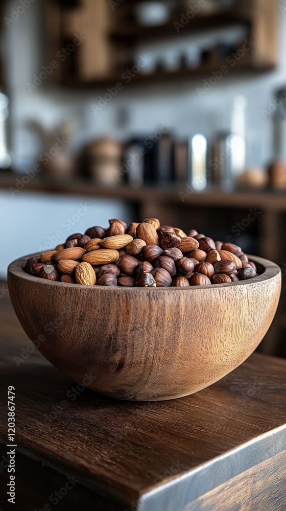 Poster bowl filled with assorted nuts on a rustic wooden table in a cozy setting