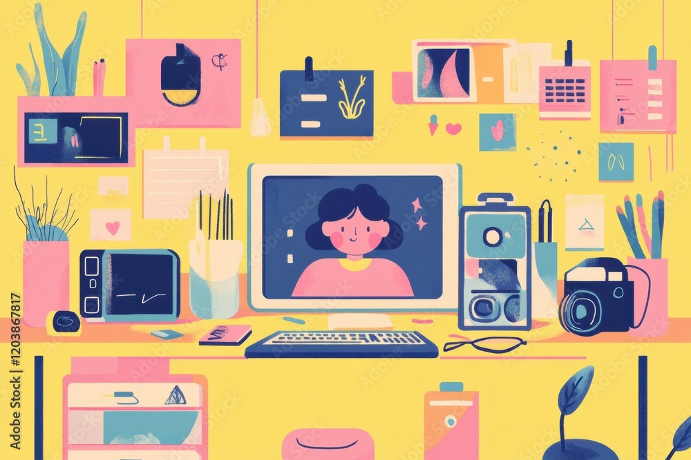 Poster Creative workspace with colorful decor and devices captures productive environment during daytime. Generative AI