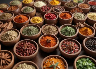 Fototapeta premium Close-up of wooden bowls filled with various spices, condiments, green pepper
