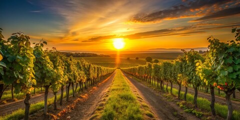Naklejka premium Minimalist Sunset Vineyard: Golden Hour Grape Vines Landscape Photography