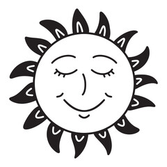 Simple hand drawn doodle of cute sun with face. Vector illustration black and white icon drawing.