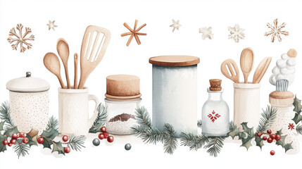 Cozy kitchen scene with wooden utensils, jars, and festive decorations. Perfect for holiday cooking and baking inspiration