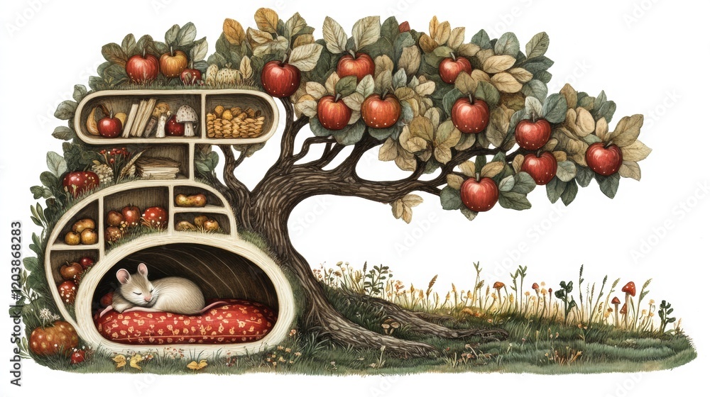 Poster Cozy rabbit resting in a whimsical tree house with apples and flowers in a tranquil garden setting. Generative AI