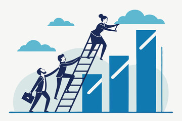 Business growth, helping hand, climbing success ladder, teamwork, career advancement, blue corporate charts, sky background, minimalist illustration style, flat design, dynamic poses, professional att