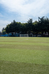 Campo de futbol soccer con suave pasto verde