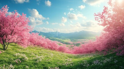 Vibrant Cherry Blossom Hills with Renewable Energy in a Serene Landscape
