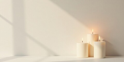 Serene Stillness Three Lit Candles on a Neutral Surface Basking in Gentle Sunlight Casts Shadows