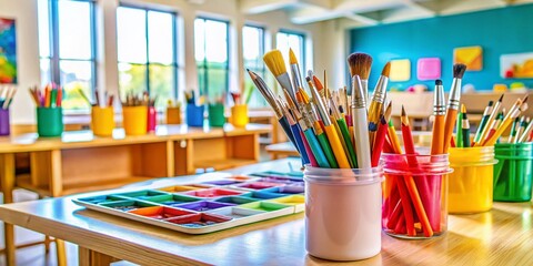 Minimalist Vibrant Classroom: Art Supplies & Colorful Projects Stock Photo