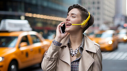 Happy Woman on a City Street Talking on a Yellow Headset