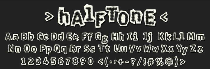 Halftone font collages. Cut out paper alphabet with dots